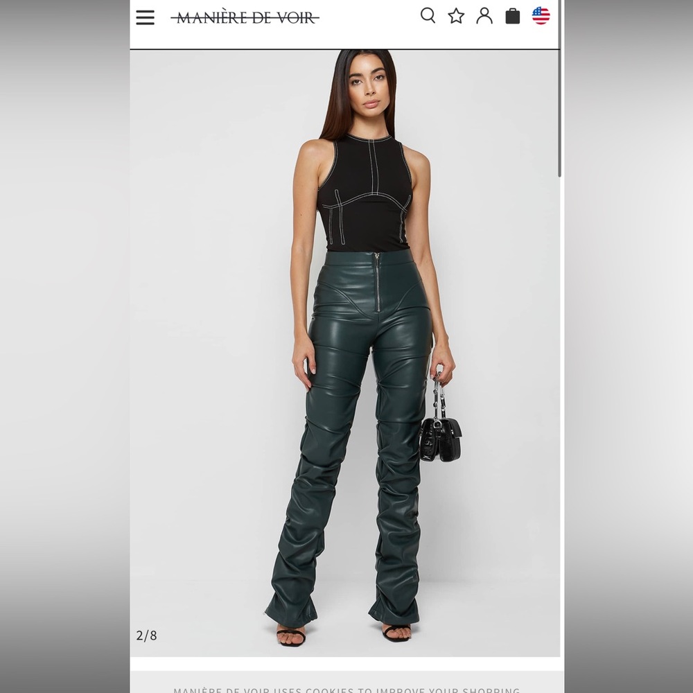 Maniere Devoir Tacked Vegan Leather Flared Trousers - Forest Green pants size 10
